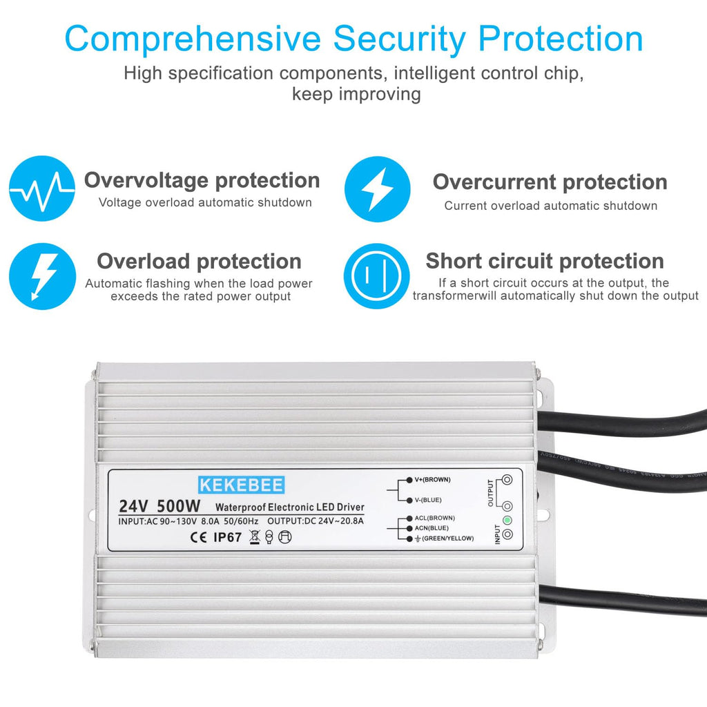 LED Driver 24V500W Waterproof Power Supply 24V DC 20.8A Low Voltage Switching Power Supply Suitable for Street Lights Lawn Lights LED Outdoor Landscape Lights Waterproof Transformer