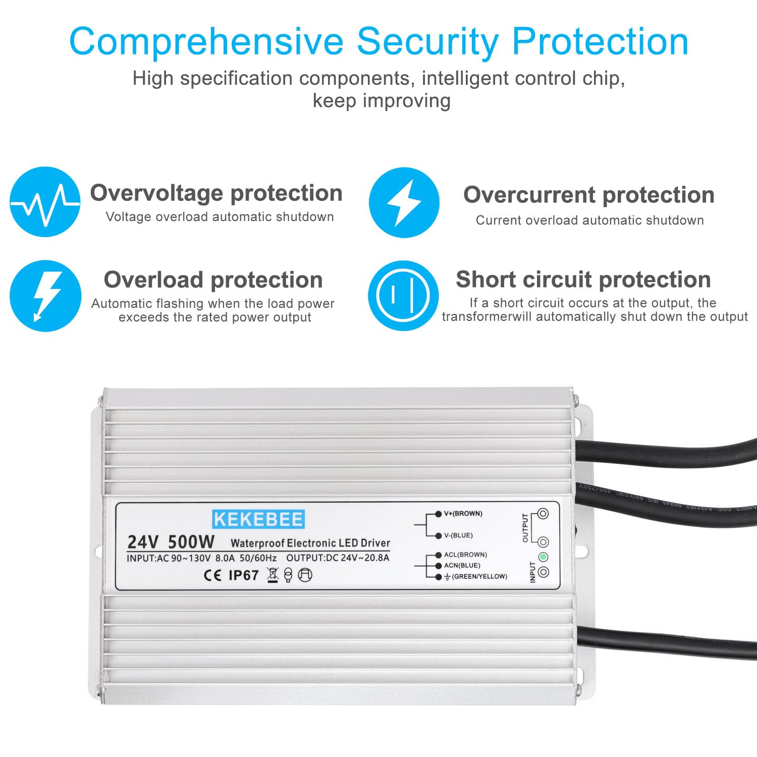 LED Driver 24V500W Waterproof Power Supply 24V DC 20.8A Low Voltage Switching Power Supply Suitable for Street Lights Lawn Lights LED Outdoor Landscape Lights Waterproof Transformer
