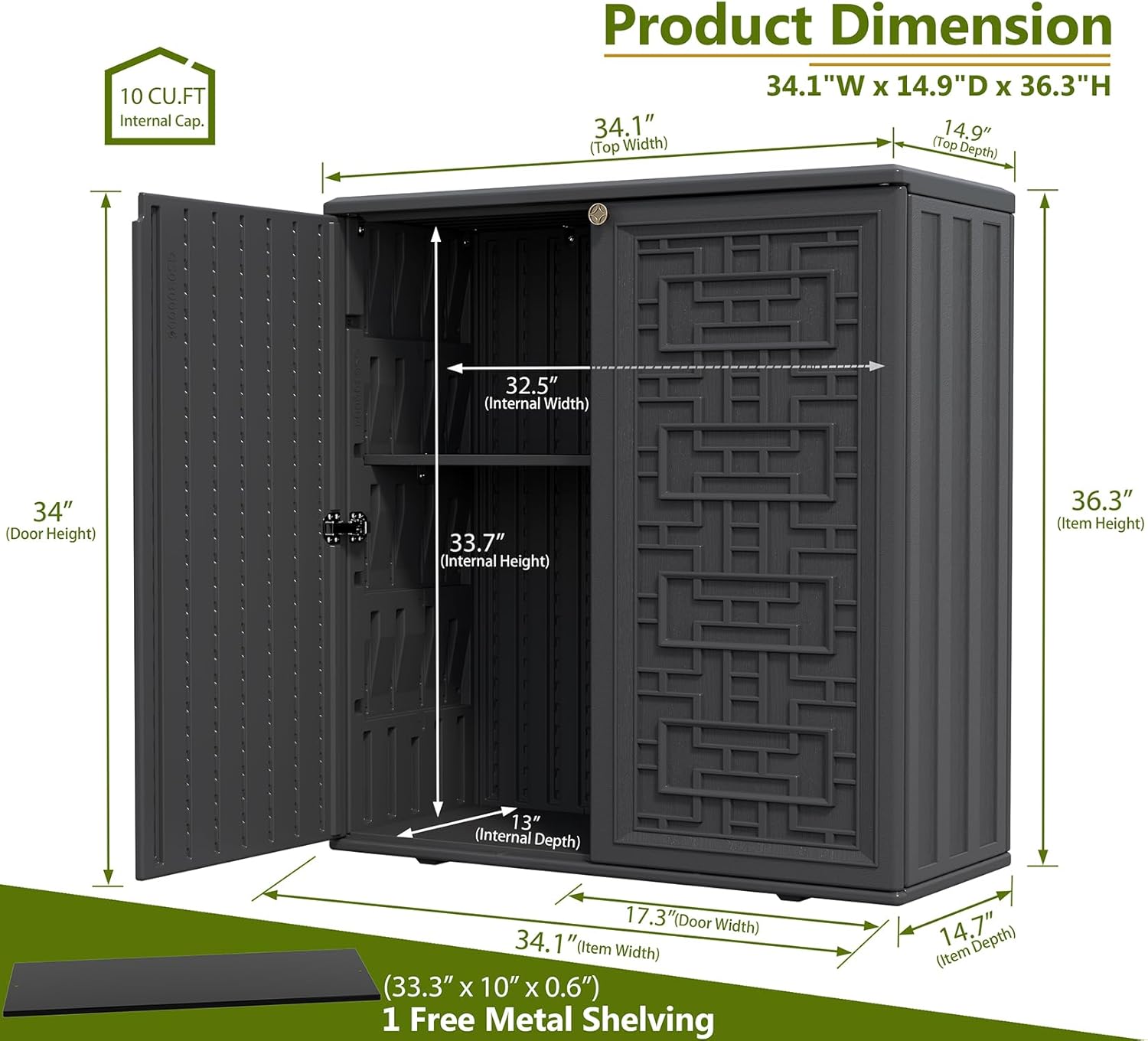 ZZM HDPE Outdoor Storage Shed, Outdoor Plastic Storage Cabinet, Horizontal Resin Tool Shed for Garden, All Weather Outdoor Storage Clearance, DIY Usage, with one Shelf (Black)