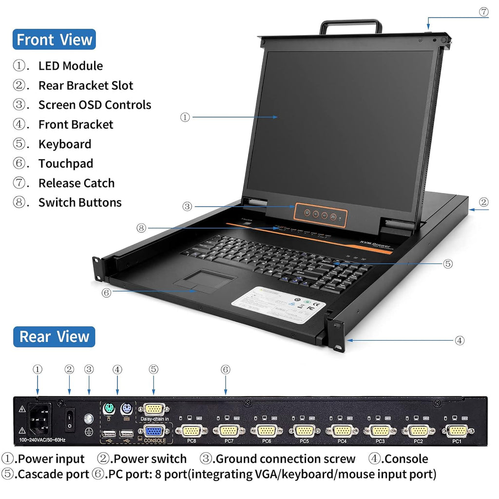 1U Rack Mount KVM Console Built-in 8 Port VGA KVM Switch, 19' Rackmount Monitor Keyboard Touchpad, OSD/Hotkey/Button Switch,1280X1024@60Hz 5:4 Ratio, Incl. Cables,Compatible with Windows,Linux,Mac,Sun