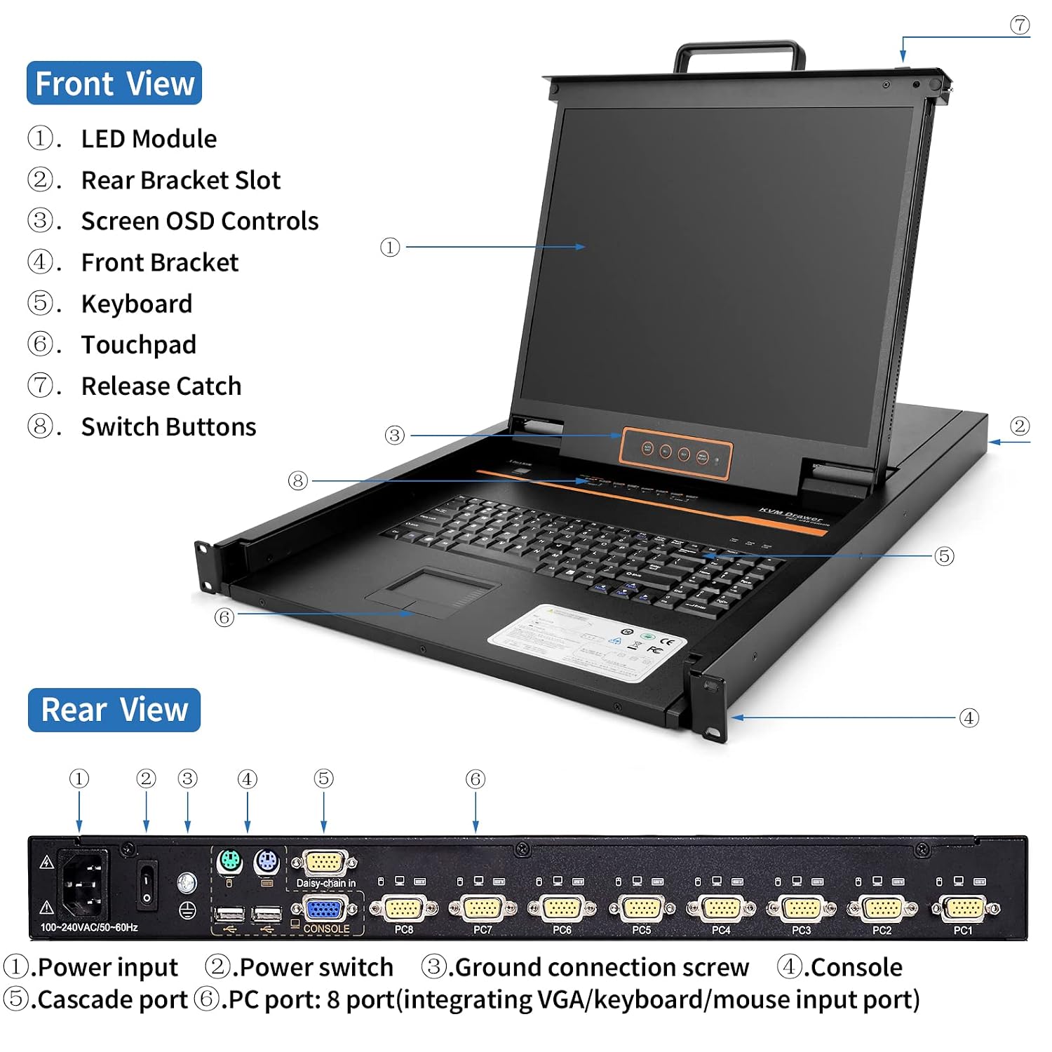 1U Rack Mount KVM Console Built-in 8 Port VGA KVM Switch, 19' Rackmount Monitor Keyboard Touchpad, OSD/Hotkey/Button Switch,1280X1024@60Hz 5:4 Ratio, Incl. Cables,Compatible with Windows,Linux,Mac,Sun
