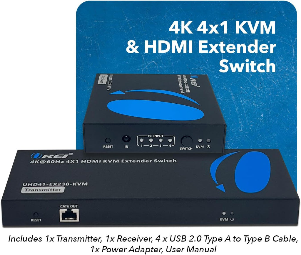 OREI 4x1 KVM 4K HDMI Over Ethernet Extender Switcher Balun Over CAT6/7 Cable 4K@60Hz Upto 230 Feet - 2 USB 1.1 Ports, Supports Keyboard and Mouse USB