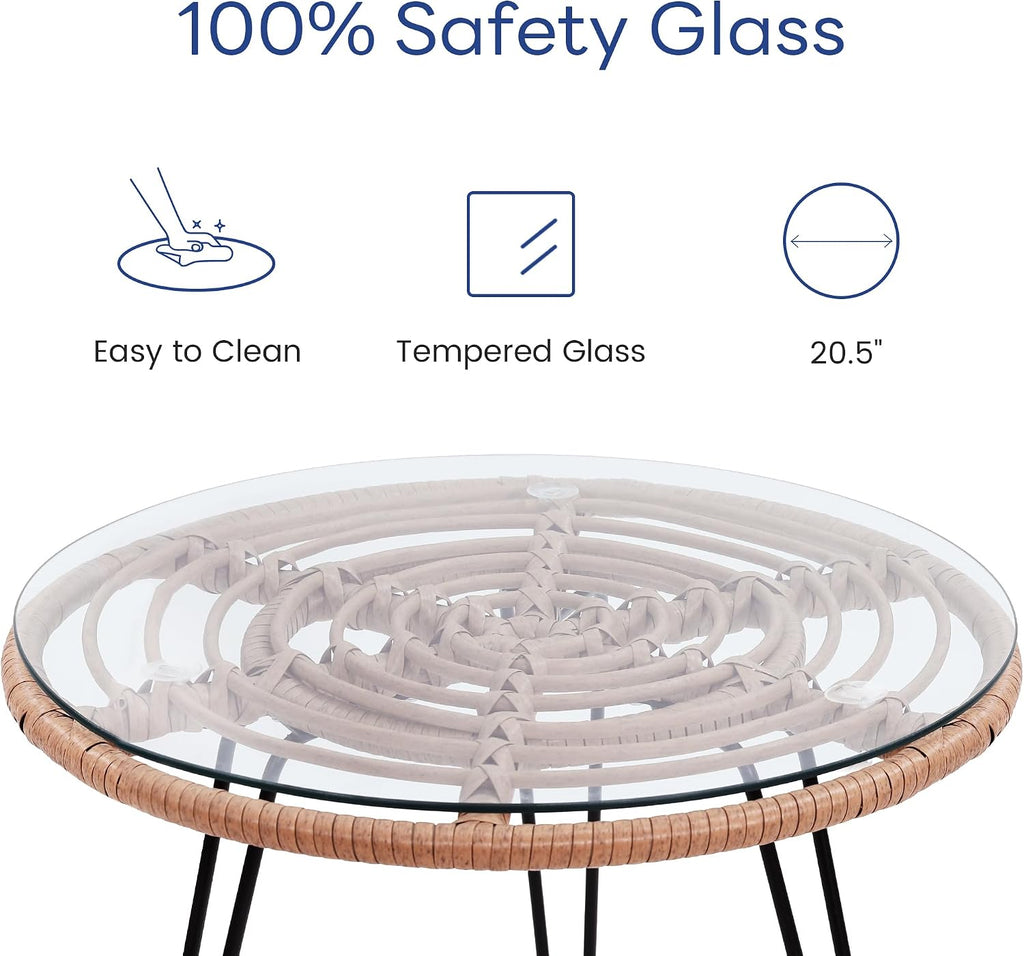 KROFEM 3 Piece Wicker Patio Bistro Furniture Set, Includes 2 Rattan Chairs and Glass Top Table, Ideal for Porch, Outdoor, Backyard, Apartment, Balcony, Natural