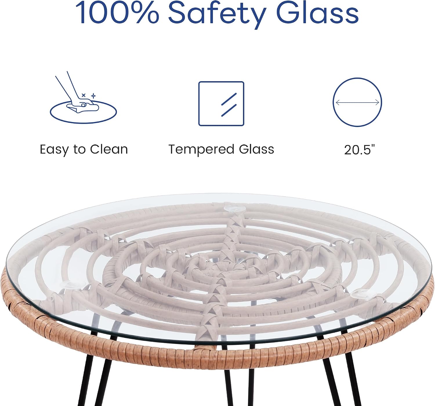 KROFEM 3 Piece Wicker Patio Bistro Furniture Set, Includes 2 Rattan Chairs and Glass Top Table, Ideal for Porch, Outdoor, Backyard, Apartment, Balcony, Natural