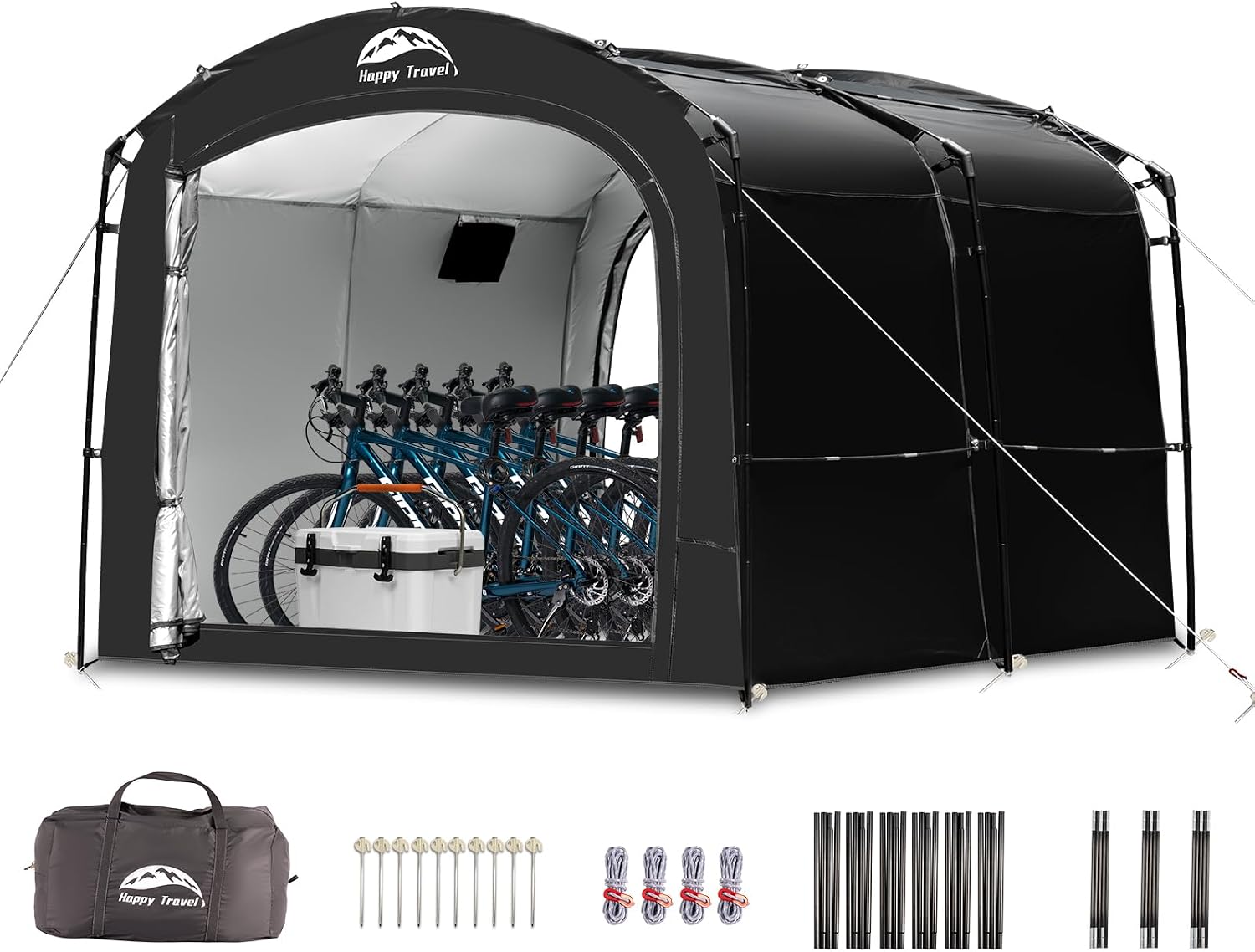 Happy Travel Bike Storage Tent, Outdoor 8×7×6.3ft Large 2-in-1 Portable Shed More 30% Top Space W/Double Doors with Mesh, Outside Lawn Mower Shelter and Bicycle Cover for Patio Furniture, Garden Tools