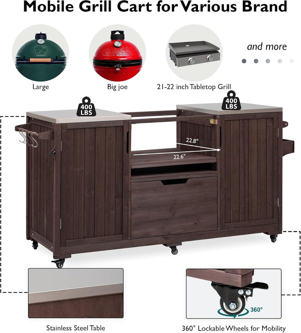 Merax 66.5' Outdoor Grill Table for Big Green Egg, Farmhouse Kitchen Island on Wheels with Stainless Steel Tabletop, Drawer and Spice Rack, Solid Wood Outdoor Storage Cabinet for Backyard, Dark Brown