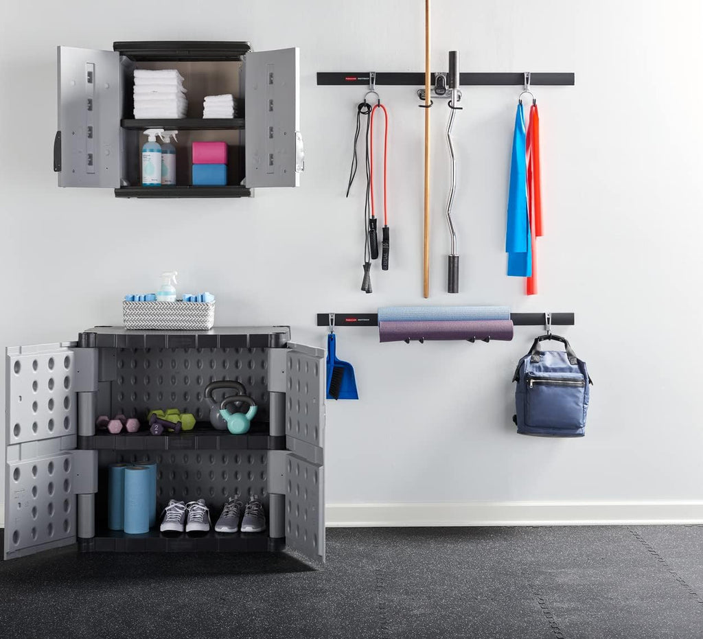 Rubbermaid Freestanding Storage Cabinet with Doors 18'D x 36'W x 37'H Medium Gray/Black Two-Shelf Lockable Cabinet for Indoor/Outdoor/Garage Storage for Garden Tools/Lawn Care Accessories