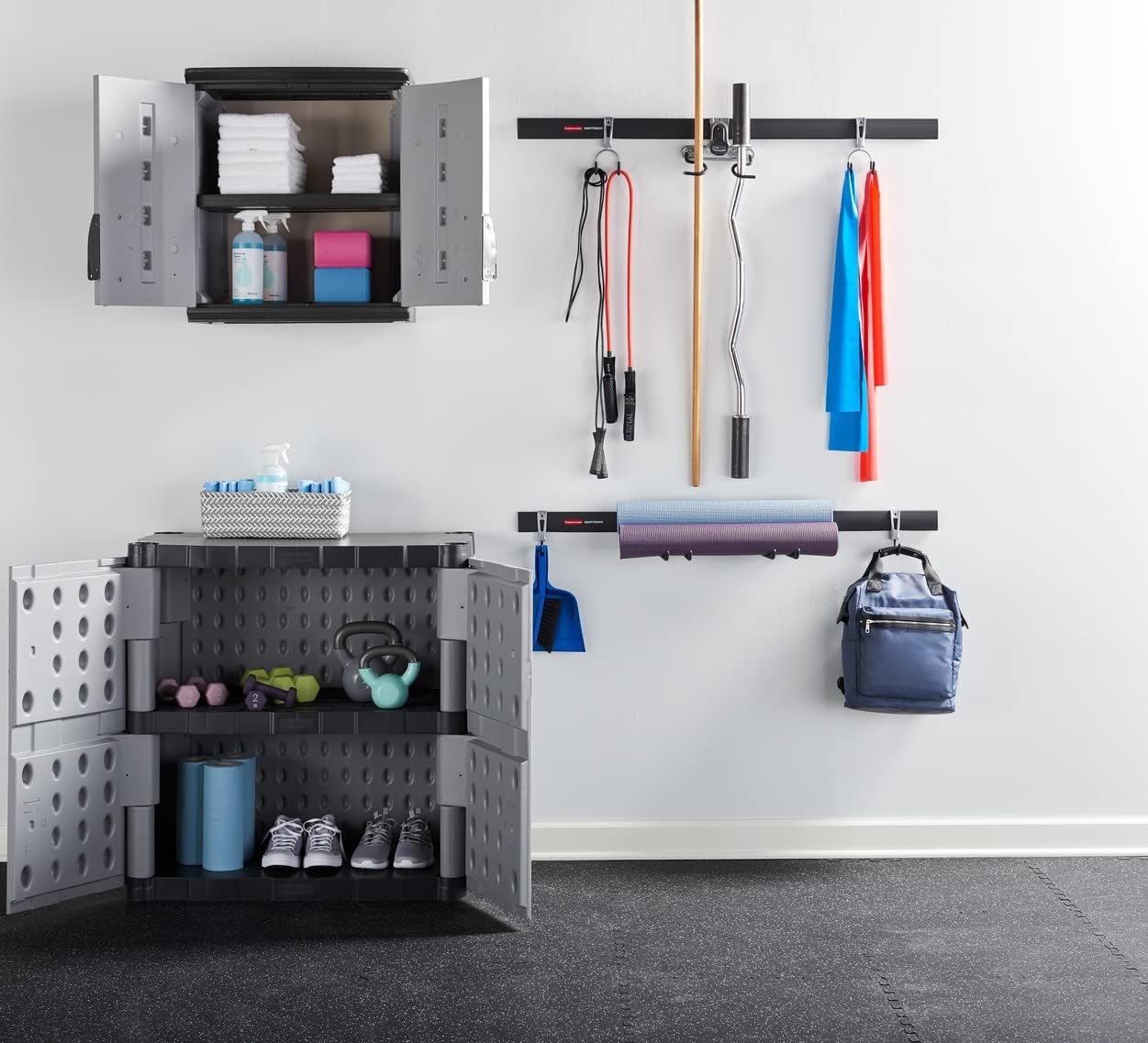 Rubbermaid Freestanding Storage Cabinet with Doors 18'D x 36'W x 37'H Medium Gray/Black Two-Shelf Lockable Cabinet for Indoor/Outdoor/Garage Storage for Garden Tools/Lawn Care Accessories