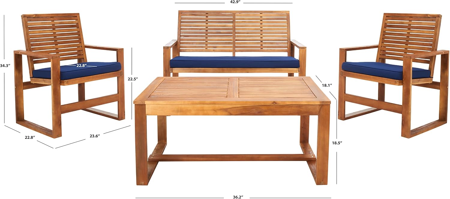 Safavieh Home Collection Hailey Outdoor Living 4-Piece Acacia Patio Furniture Set, Brown and Navy