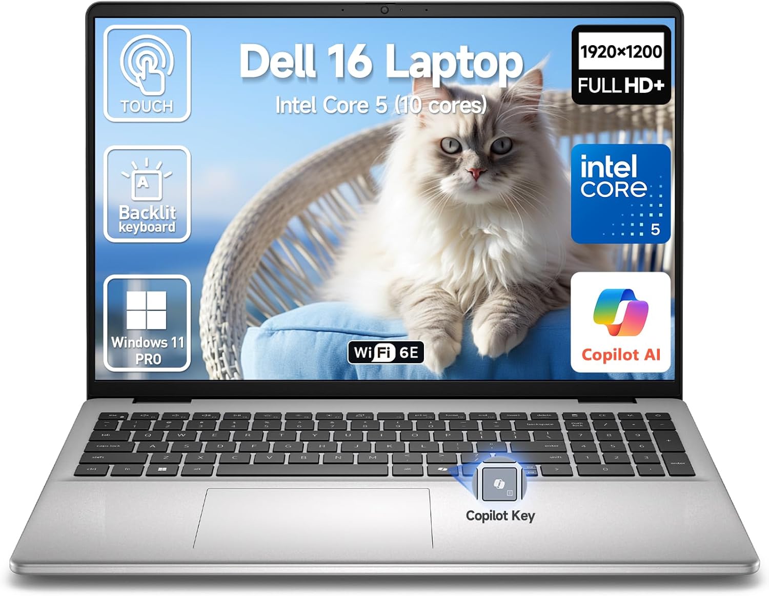 Dell 2026 16 Touchscreen Laptop Computer, 16' FHD+ Touch Screen Business Laptop, Intel Core 5 (10-Cores, Beat i7-1355U), 16GB DDR5 1TB SSD, Windows 11 Pro, Backlit Keyboard, Wi-Fi 6E, Copilot Key