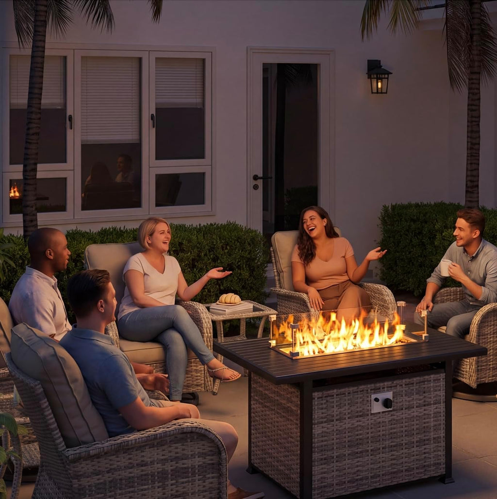 7Pcs Patio Rocking Swivel Chair with 55,000 BTU Fire Pit Table Outdoor Wicker Rattan Bistro Set with Tempered Glass Side Table, Outdoor Patio Furniture Set for Garden and Balcony, Beige