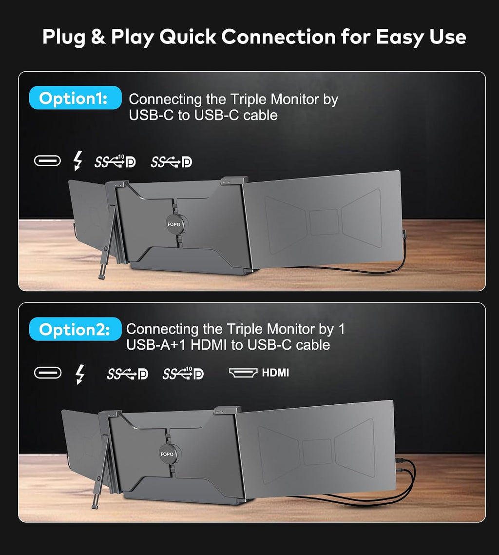 15.6' Triple Portable Laptop Monitor, FHD 1080P IPS Screen Extender Portable Display for 15.6-17.3' Laptops, PnP Travel Laptop Screen Extender with USB-C&HDMI, Dual Monitor for Windows, Mac