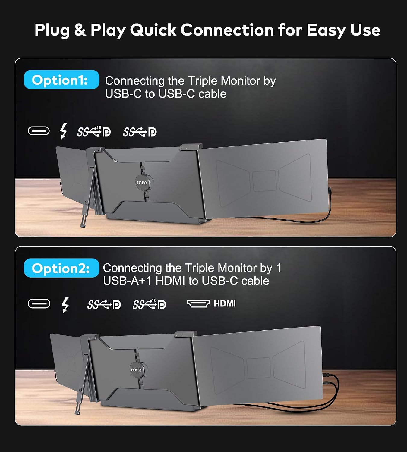 15.6' Triple Portable Laptop Monitor, FHD 1080P IPS Screen Extender Portable Display for 15.6-17.3' Laptops, PnP Travel Laptop Screen Extender with USB-C&HDMI, Dual Monitor for Windows, Mac
