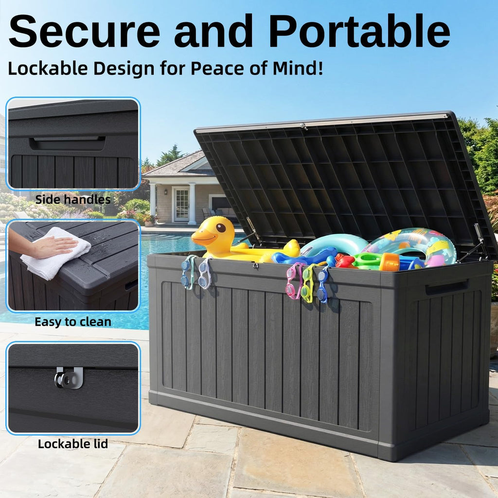 270 Gallon Deck Box, Resin Outdoor Waterproof Storage Box, Lockable Storage Box With Handle for Patio Furniture - Garden Tools - Swimming Pool Tools UV Resistant, Black