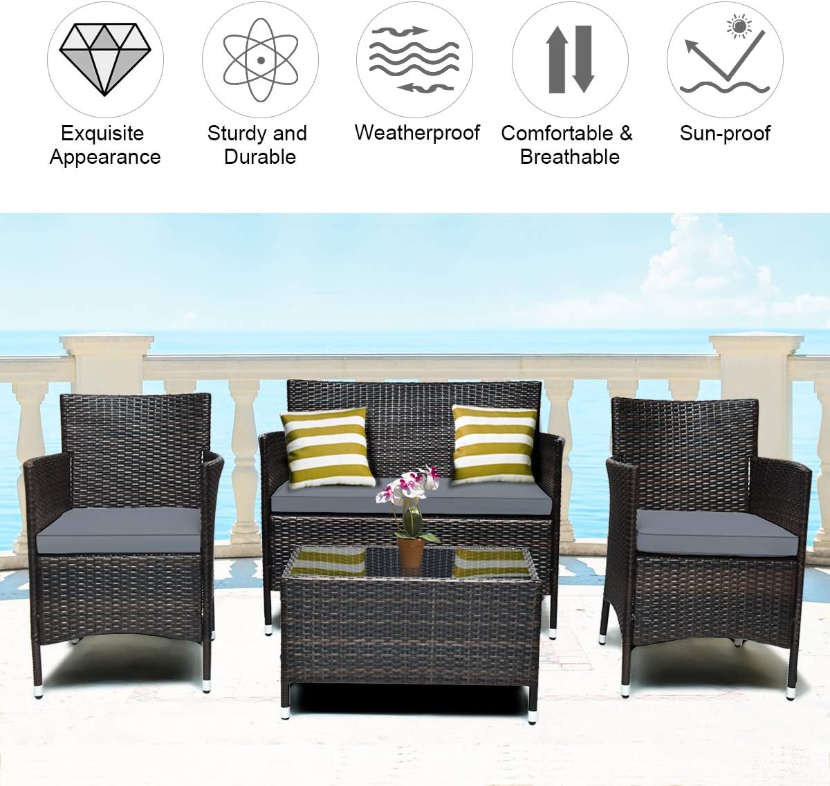 COSTWAY 8PCS Rattan Patio Furniture Set, Outdoor Wicker Rattan Chairs with Coffee Table, Rattan Cushioned Conversation Set for Backyard Balcony Porch Poolside, Grey