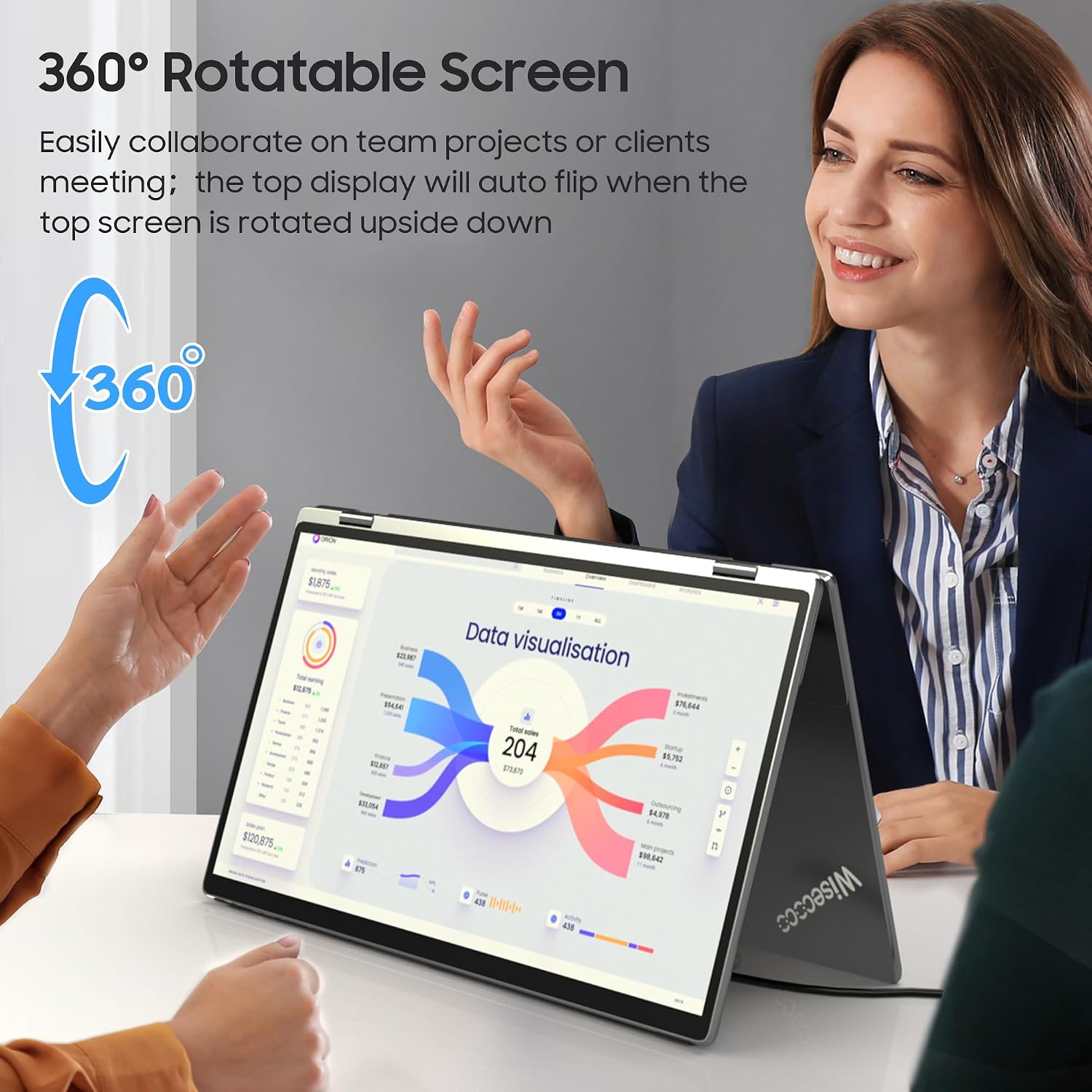 wisecoco 15.6' Dual Screen Touch Portable Monitor for Laptop Screen Extender IPS 1080P 360°Foldable Stacked Display with Kickstand HDMI USB-C for PC Laptop Windows Mac Driver-Free Flip S5+
