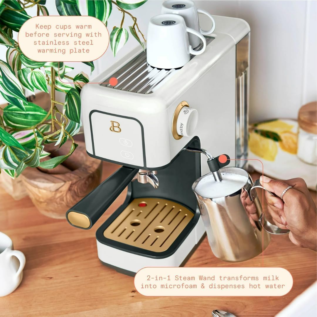 Slim Espresso Maker – 20‑Bar Pressure, Dual‑Spout 52 mm Portafilter, 50 oz Removable Tank, 2‑in‑1 Steam Wand & Touch Controls (White Icing)