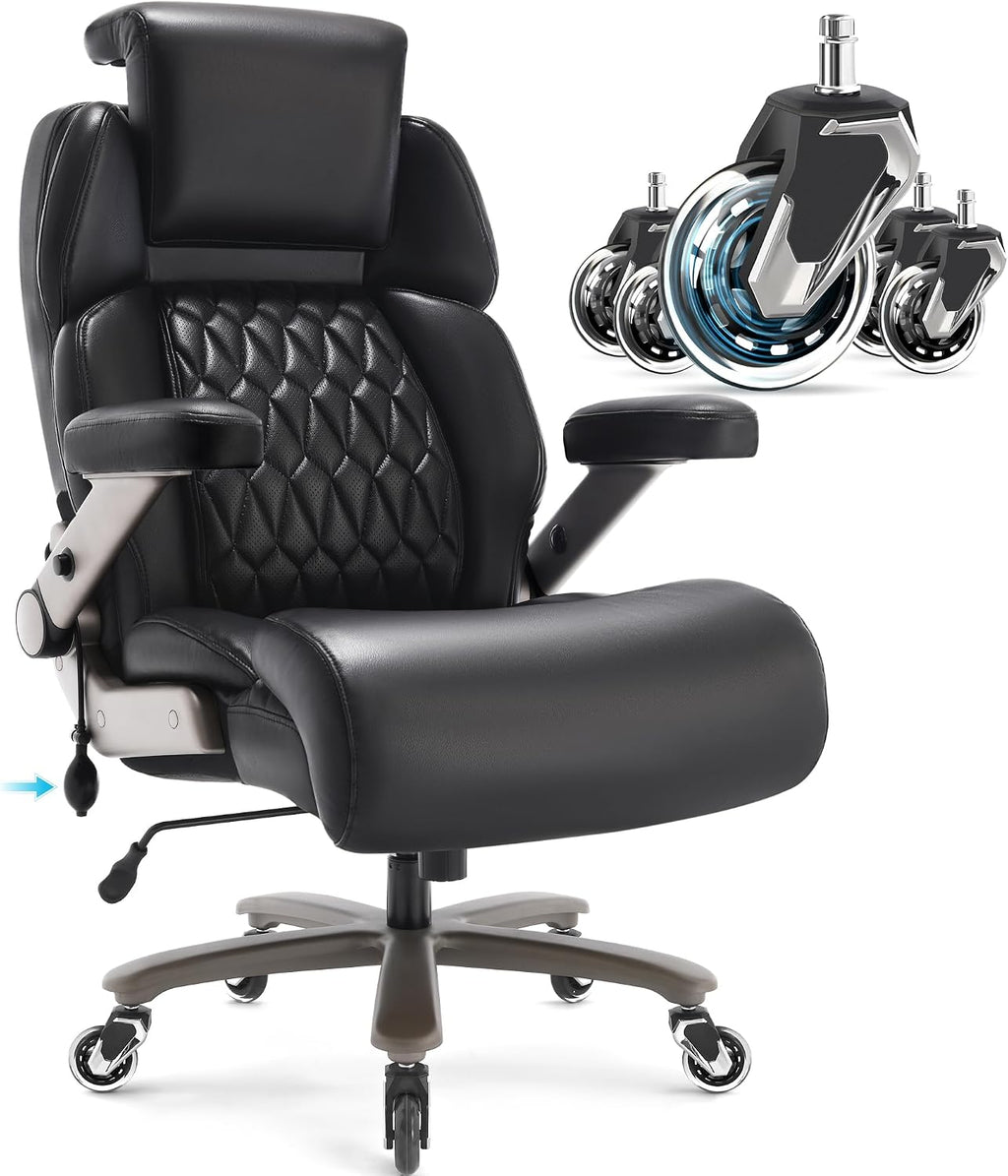 Big and Tall Office Chair 700lbs - Adjustable Headrest&Lumbar Support, 3D Flip Arms, Large Wheels &Heavy Duty Metal Base, Ergonomic High Back Computer Chair Desk Chair, Thick Padded Extra Wide Seat