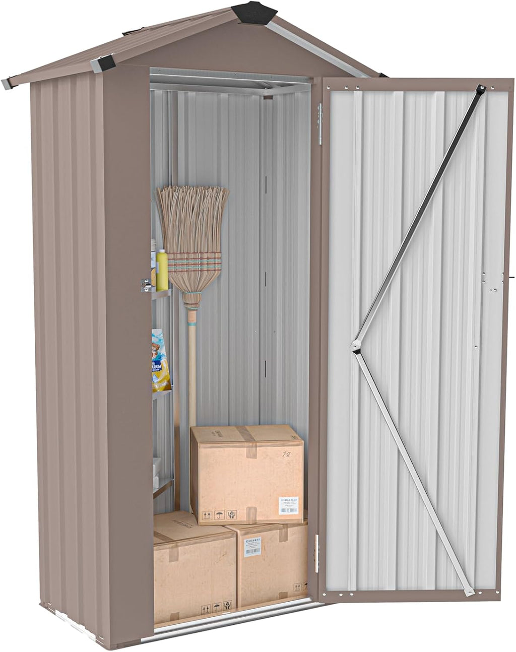Outdoor Metal Storage Shed, Waterproof Garden Tool Shed with Lock, Galvanized Steel Utility Cabinet, Weather-Resistant Storage Locker for Backyard, Patio, Garage Tools Organization (Brown)
