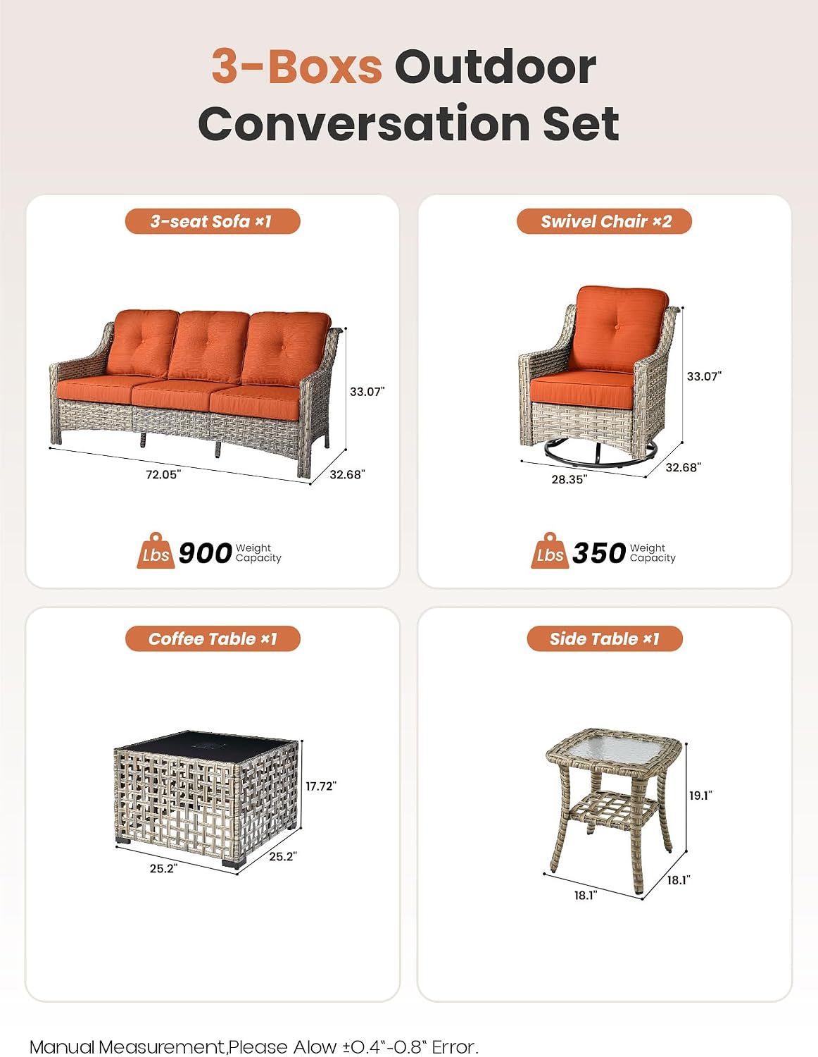 ovios 5 Piece Outdoor Patio Furniture with 3 Seat Sofa,Rattan Wicker Coversation Set with Swivel Rocking Chair,Balcony Sofa Set with Shiny Table for Outside Porch Backyard Pool, Orange