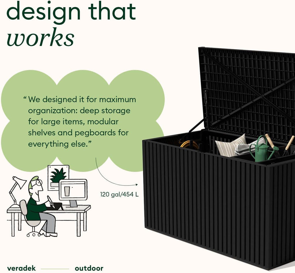 Veradek Everything Deck Box 120 Gallon | Lockable Storage Box and Organization for Patio Furniture, Outdoor Cushions, Throw Pillows, and Garden Tools