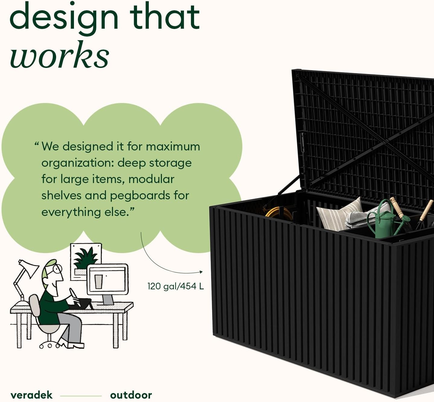 Veradek Everything Deck Box 120 Gallon | Lockable Storage Box and Organization for Patio Furniture, Outdoor Cushions, Throw Pillows, and Garden Tools