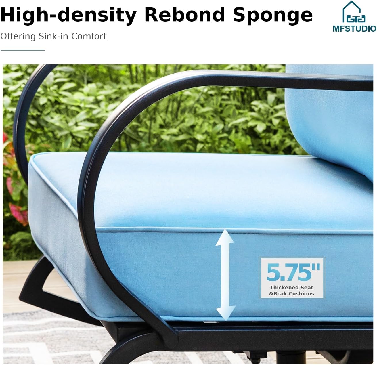 MFSTUDIO 4 Pieces Patio Conversation Sets(5 Seat),Outdoor Metal Furniture Sofas with 1 Loveseat(3 Seat), 2 Single Chairs,1 Coffee Table,Wrought Iron with Blue Cushion for Patio Courtyard Balcony
