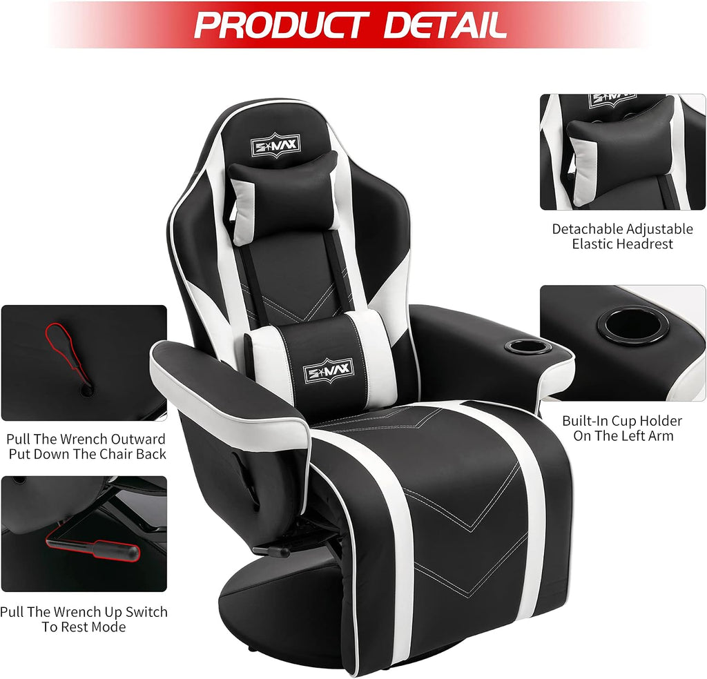 S*MAX Gaming Recliner Chair for Adults Racing Style Ergonomic High Back Swivel PU Leather Gaming Chair with Adjustable Backrest and Footrest Cup Holder Side Pouch White Black