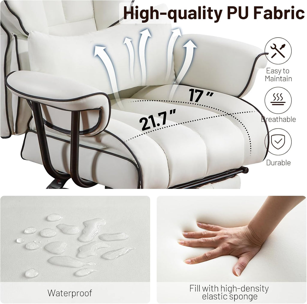 Furniliving Big and Tall Executive Office Chair- Ergonomic, Reclining Desk Chair with Footrest Lumbar Pillow, Height Adjustable Back Leather Chair for Home Office, Pure White