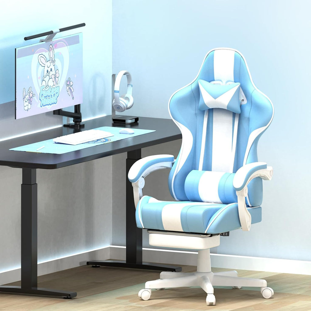 Ferghana Gaming Chairs, Ergonomic Racing Style PC Game Computer Chair with Headrest Lumbar Support Adjustable Recliner PU Leather Video Computer Chair(Light Blue)