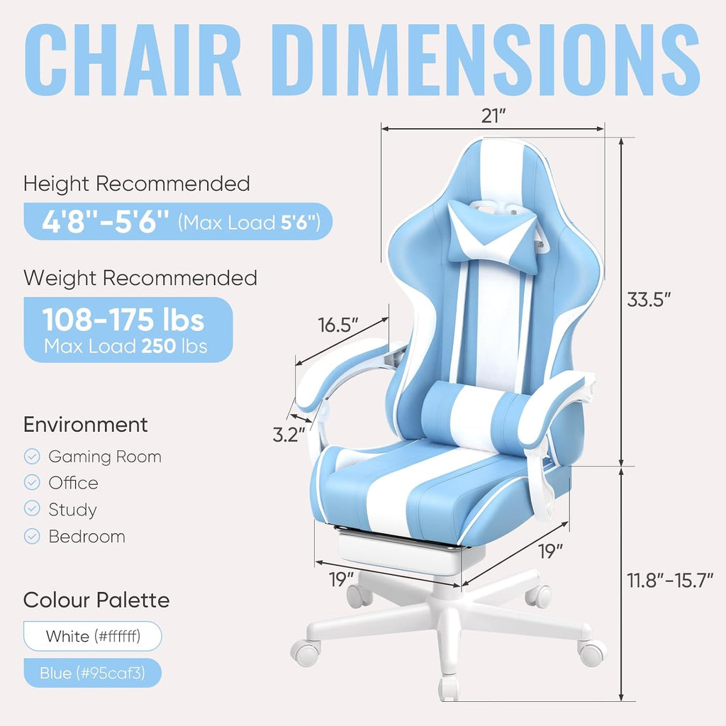 Ferghana Gaming Chairs, Ergonomic Racing Style PC Game Computer Chair with Headrest Lumbar Support Adjustable Recliner PU Leather Video Computer Chair(Light Blue)