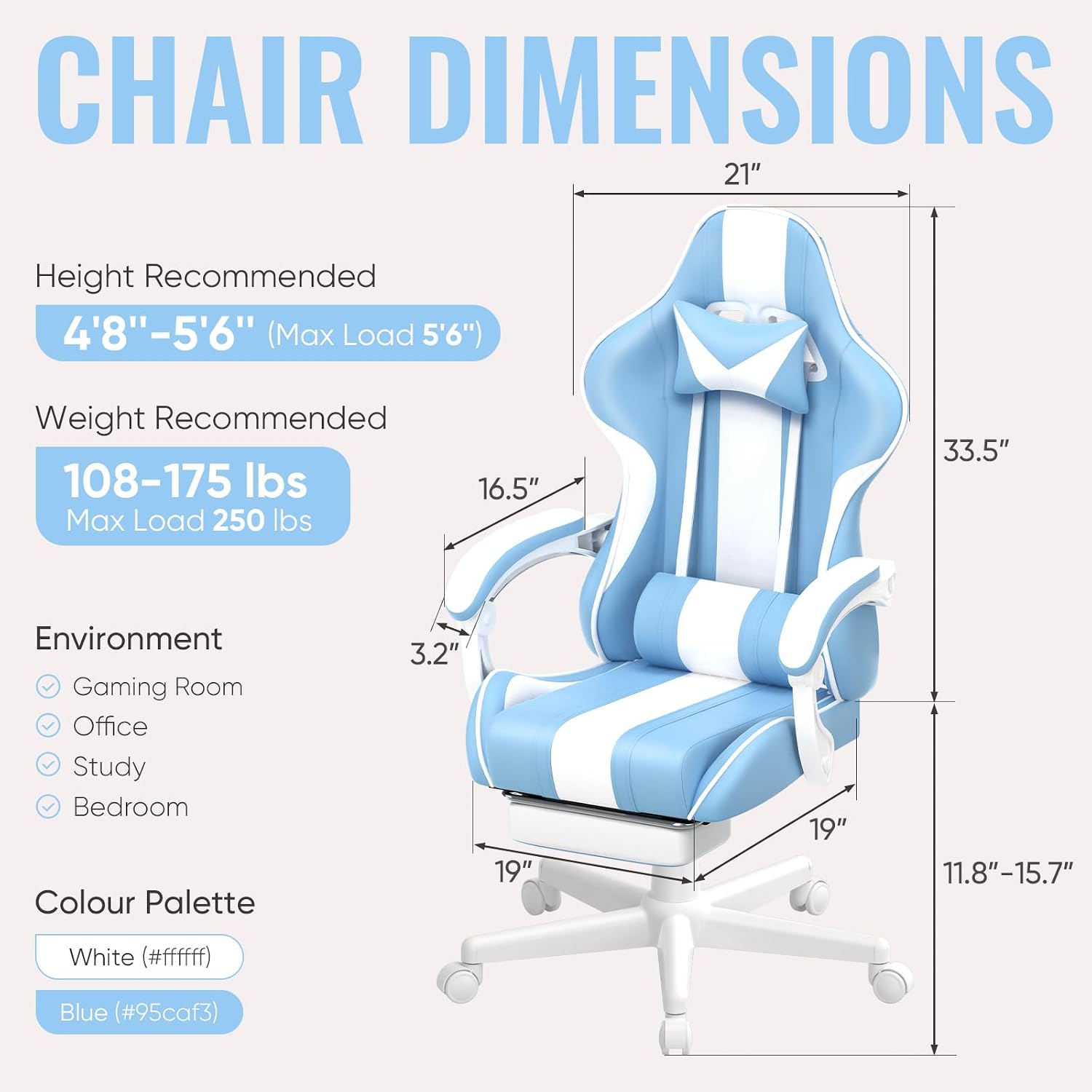 Ferghana Gaming Chairs, Ergonomic Racing Style PC Game Computer Chair with Headrest Lumbar Support Adjustable Recliner PU Leather Video Computer Chair(Light Blue)