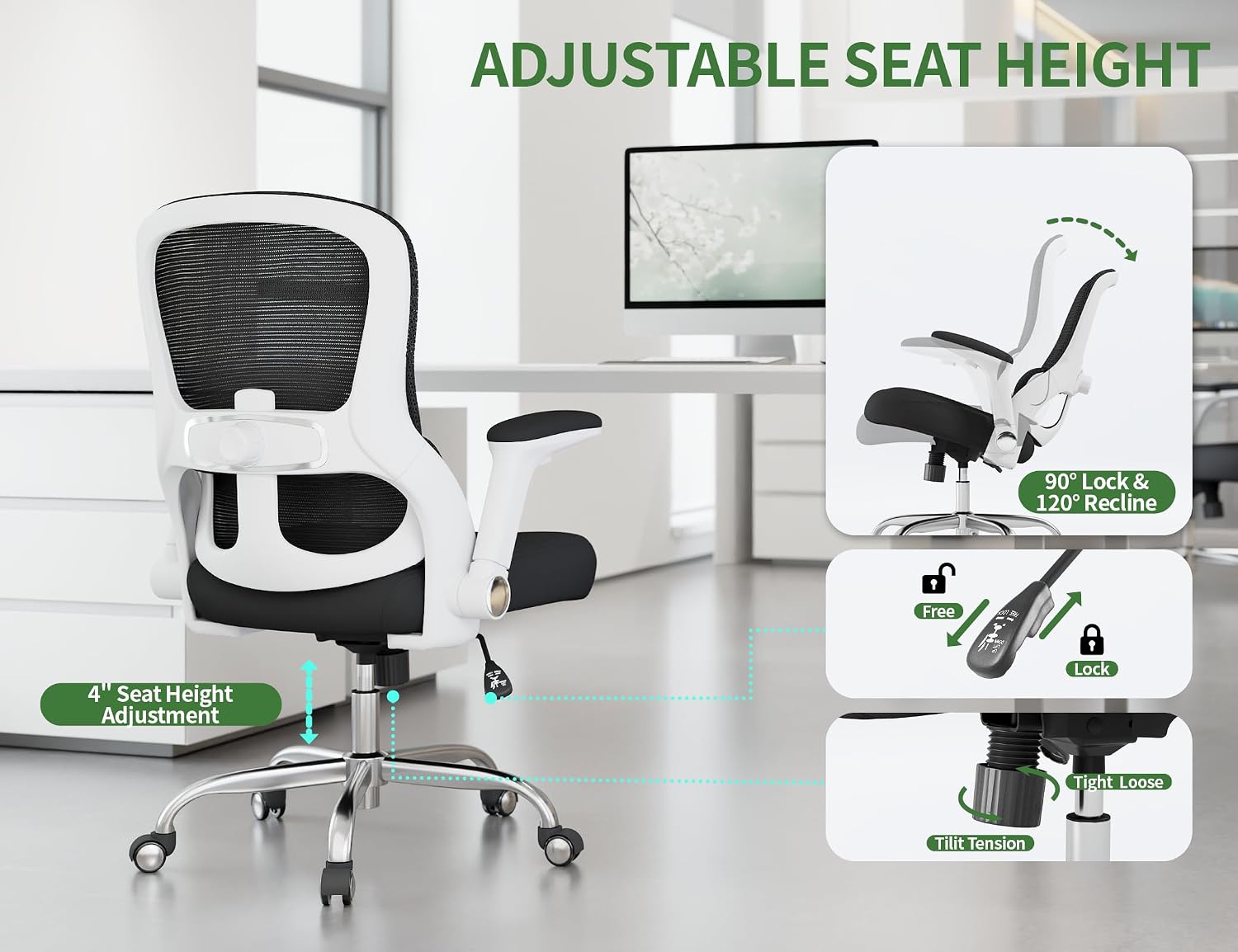 Ergonomic Office Chair - Computer Desk Chairs Comfy, Mesh High-Back Gaming Chair with Adjustable Lumbar Support, Executive Task Chair for Adults, Comfortable for Long Hours (White Black)
