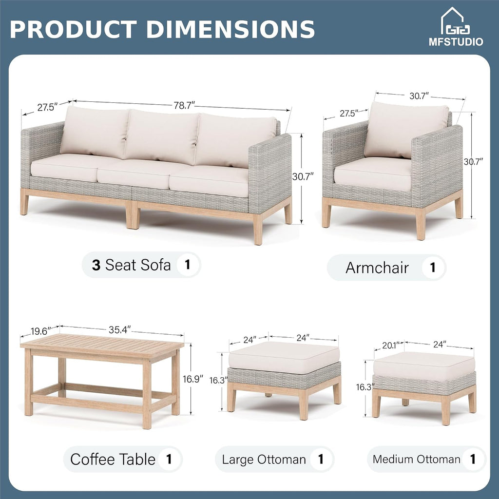 MFSTUDIO Wicker Patio Furniture Set, All Weather Rattan Outdoor Conversation Set with 2 Ottomans, 5 Pieces Patio Sectional Modular Sofa Couch Set with Wood Coffee Table, Beige Cushions