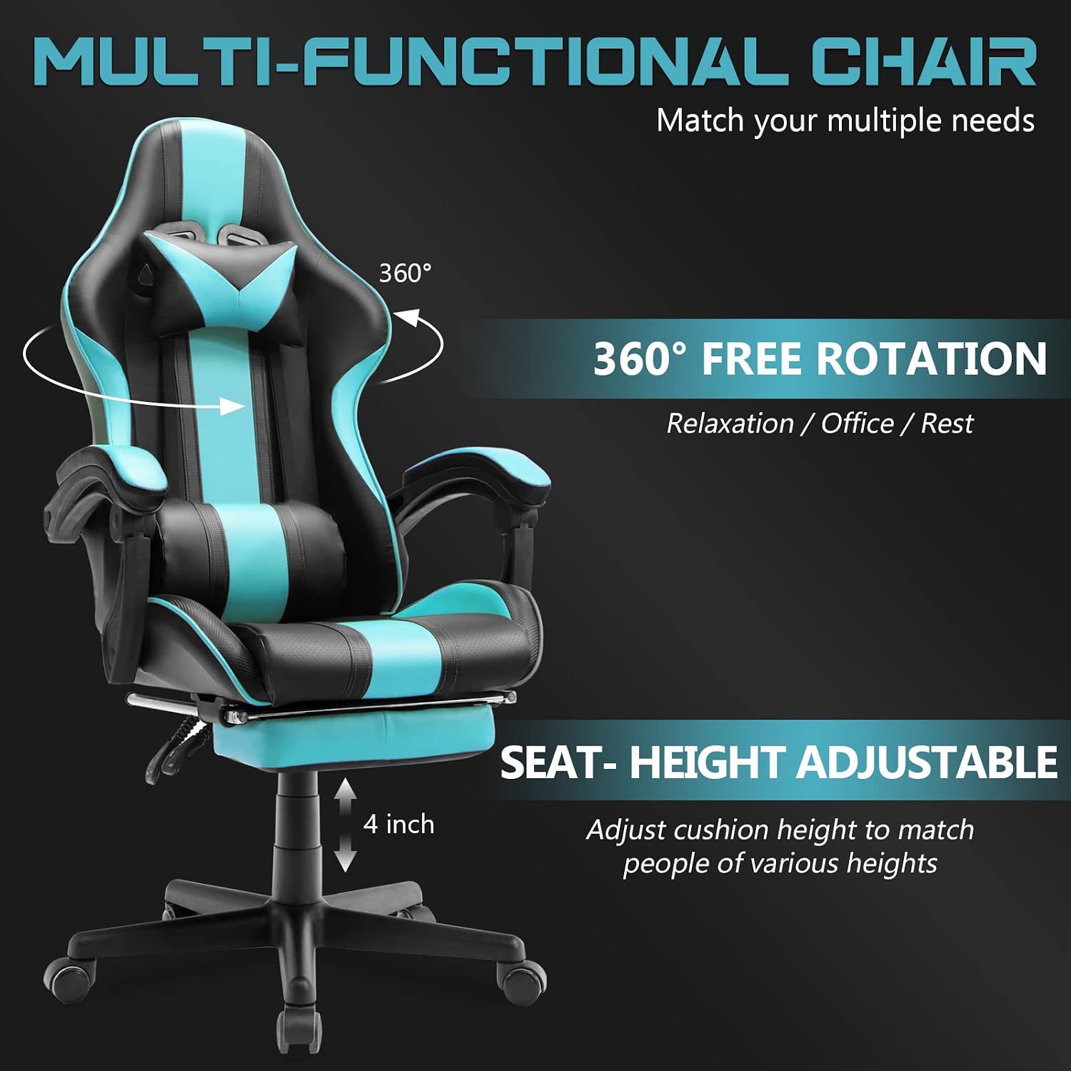Ferghana Gaming Chairs, Ergonomic Racing Style PC Game Computer Chair with Headrest Lumbar Support Adjustable Recliner PU Leather Video Computer Chair(Lake Blue)