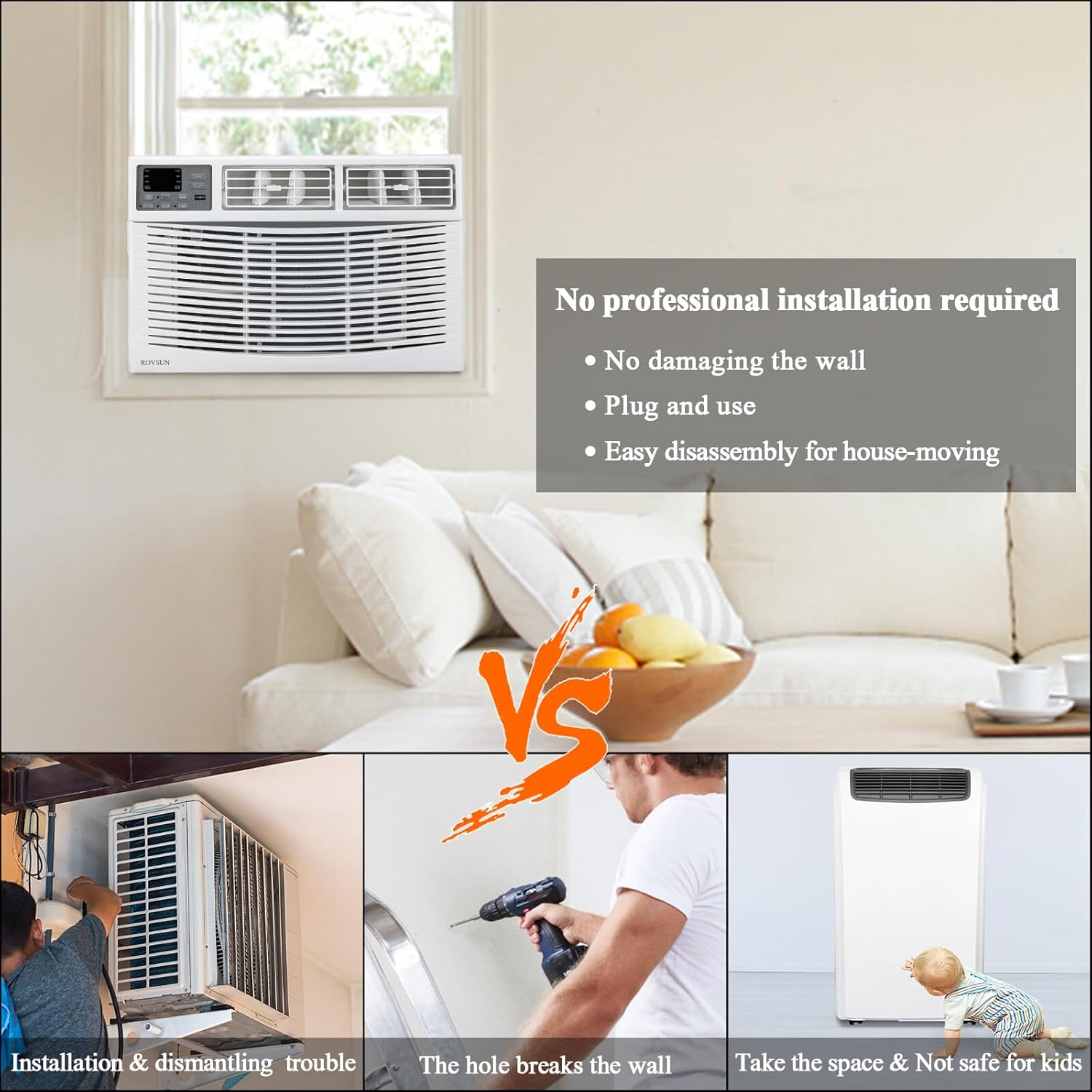ROVSUN 18000 BTU Air Conditioner Window Unit, 3-in-1 Window AC Unit Cooler, Dehumidifier & Fan with Timer, Remote Control & Installation Kit, Cooling Rooms up to 1000 Sq. Ft, 230V/60Hz, White & Grey
