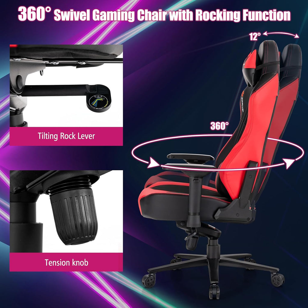 Goplus Gaming Chair, 360° Swivel Computer Chair with Casters, Multi-Angle Reclining, Tension Control, 4D Armrest, Headrest, Gas Lift, Height Adjustable Game Chair for Office, Bedroom, Red