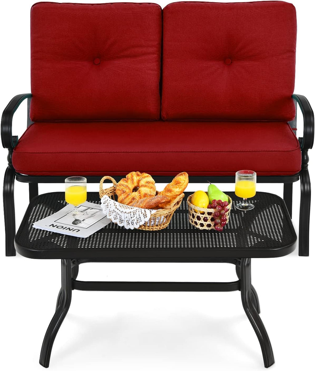Giantex Patio Loveseat with Coffee Table Outdoor Bench with Cushion and Metal Frame, Loveseat Porch Furniture Set Sofa for Garden, Yard, Patio or Poolside (Deep Red & Black)