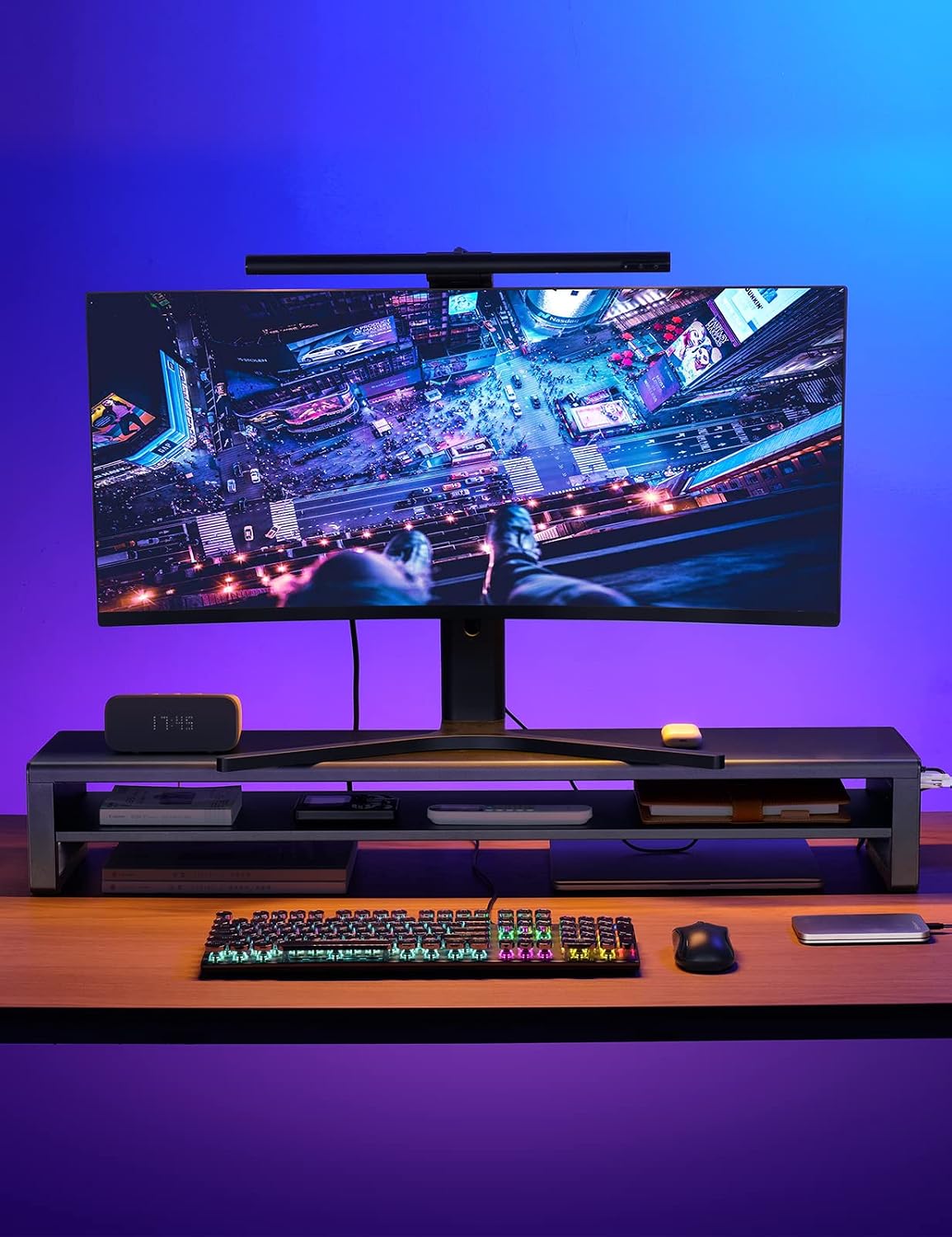 2 Tiers Dual Monitor Stand with 4 USB 3.0 Hub Ports, Double Monitor Riser, Metal Desk Stand with Storage, Long Screen Raiser for 2 Monitors/PC/Laptop/Computer Space Saver Organizer Office Home School