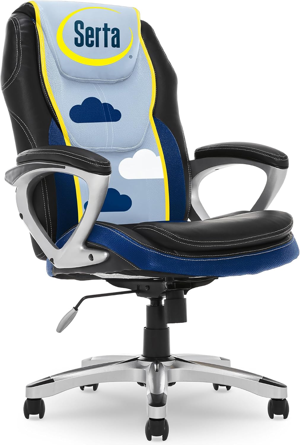 Serta Amplify Executive Office Chair with Faux Leather and Mesh, Adjustable Ergonomic Comfy Seat with Lumbar Support, Modern Computer DeskChairs, Swivel Rolling Wheels, Blue