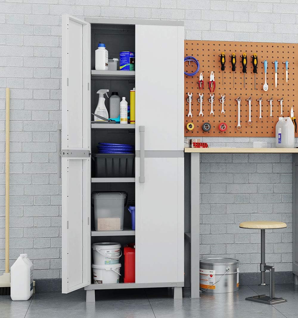 Keter Storage Cabinet with Doors and Shelves for Laundry Room, Garage, Bathroom Accessories, Closet and Home Organization, White & Grey