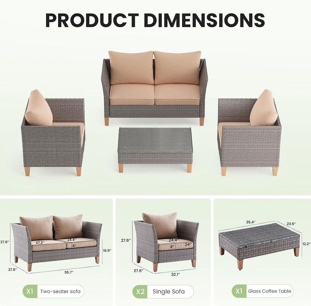 Soohow 5-Piece Patio Furniture Set, Thickened Rattan Sectional Outdoor Sofa with Glass Top Table, Reclined Backrest and Khaki Cushions