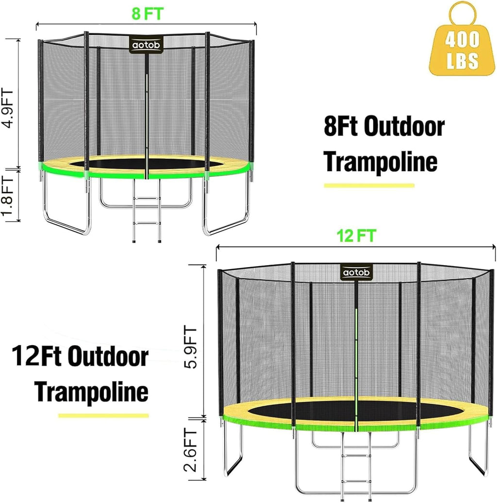 AOTOB 8FT 10FT 12FT 14 FT 15FT Trampoline with Safety Enclosure Net，Outdoor Trampoline with Basketball Hoop, Heavy Duty Jumping Mat and Spring Cover Padding for Kids and Adults, Storage Bag and Ladder