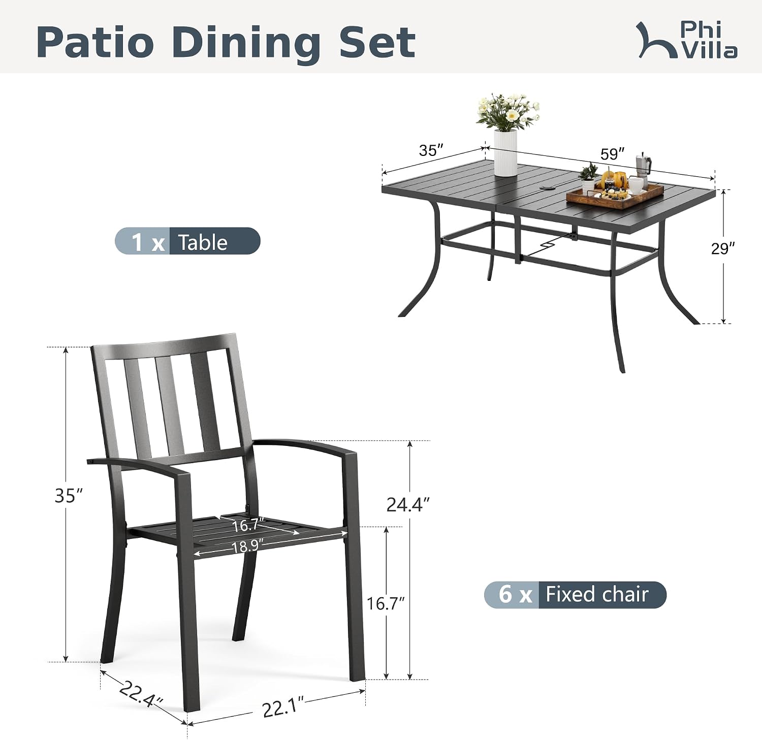 PHI VILLA 7 Piece Outdoor Dining Set for 6, 60' Rectangular Metal Steel Table with Umbrella Hole & Stacking Wrought Iron Chairs, Large Furniture Set for Patio, Deck, Yard - Black
