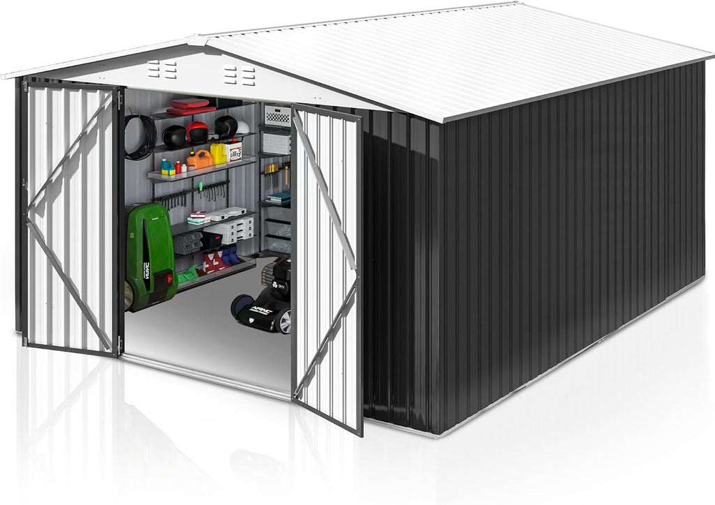 AirWire 10x12 FT Outdoor Storage Shed, Metal Garden Shed with Updated Frame Structure and Lockable Doors, Heavy Duty Weatherproof Tool Sheds for Backyard Garden Patio Lawn, White
