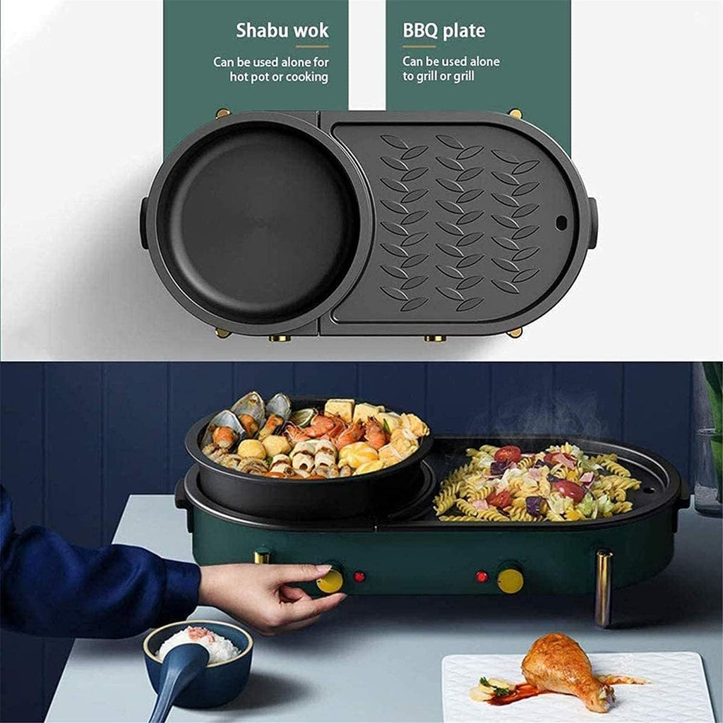 Electric Hot Pot Grill Electric Barbecue Grill,2 in 1 Non-Stick BBQ And Shabu Pot with Independent Temperature Control,Ideal for 2-8 People