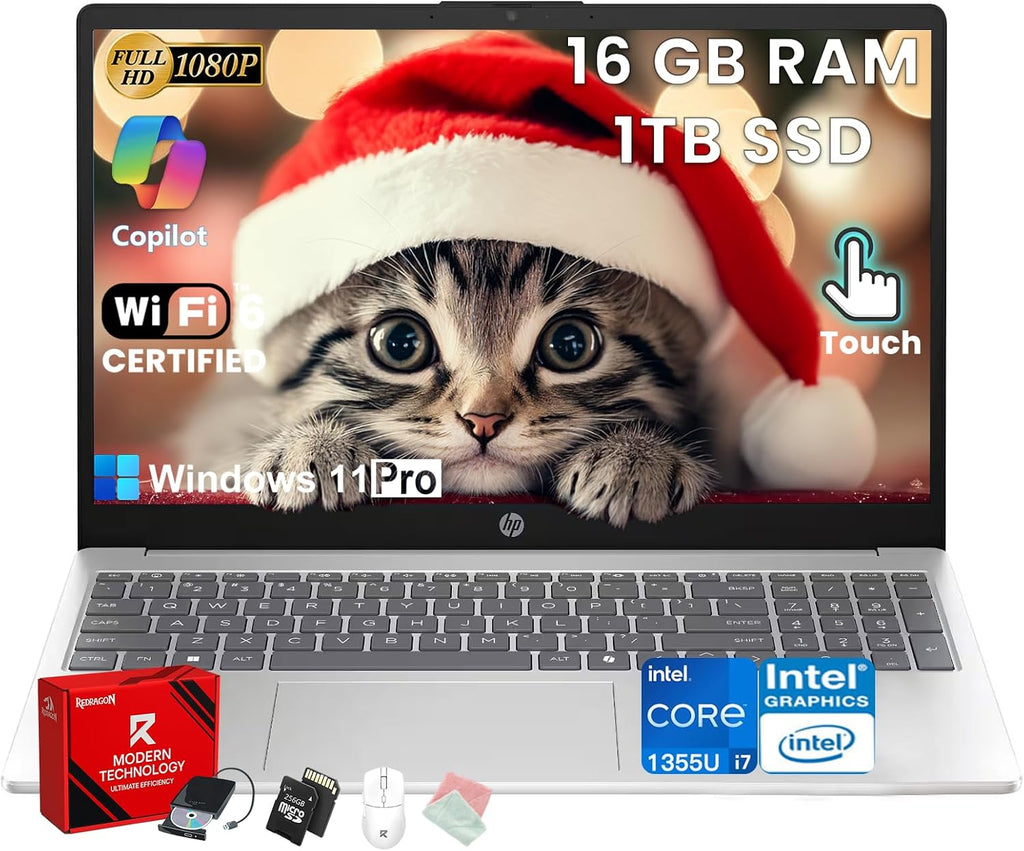 HP Premium 15.6' Touchscreen Laptop Computer - Intel 10-Core i7 1355U, 16GB RAM, 1TB SSD, 15.6' FHD Anti-Glare, Win 11 Pro, Wi-Fi 6, Ai Copilot, for Business & Student, w/Accessories
