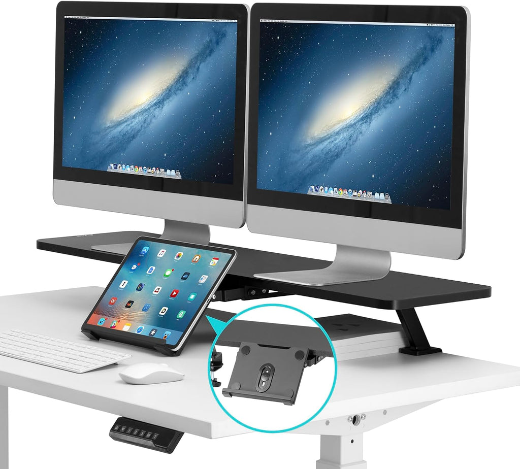 AVLT Clamp Desk Shelf Dual 32' Monitor Clamp-On Monitor Riser With Slide Out Holder For Convertible Laptop Tablet Smartphone (Black) - Floating Monitor Stand (Shelf Only)