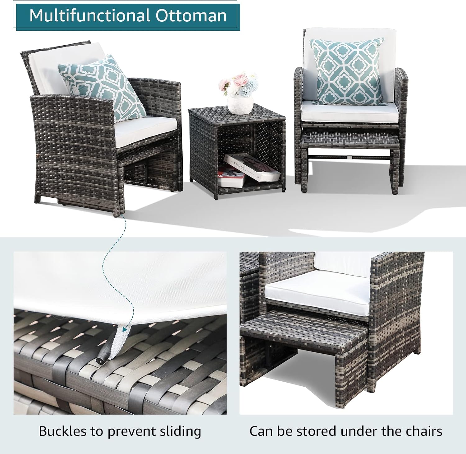 OC Orange-Casual Patio Furniture Sets,8 Pieces Conversation Set, Outdoor Wicker Bistro Set, All Weather Sectional Loveseat Chairs with Ottoman & Coffee Table, Grey Rattan with White Cushion