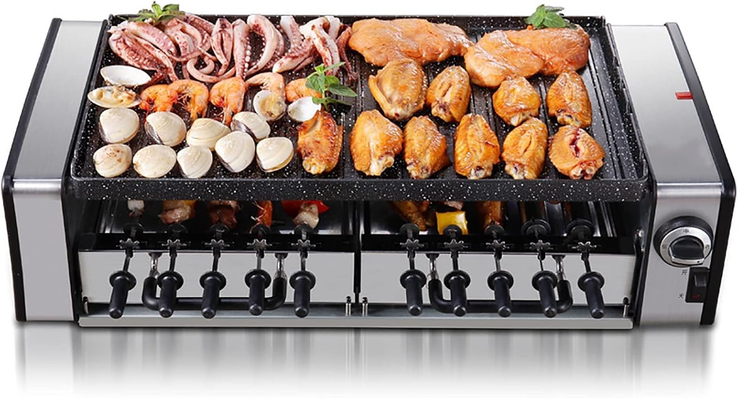 Multifunction Electric Smokeless Barbecue Indoor BBQ, Double Layer Electric Grill, Automatic Rotating 10-pin Skewers Machine, 1600 W Power Knob Control Hot Plate For Kitchen Dinner Party Camping